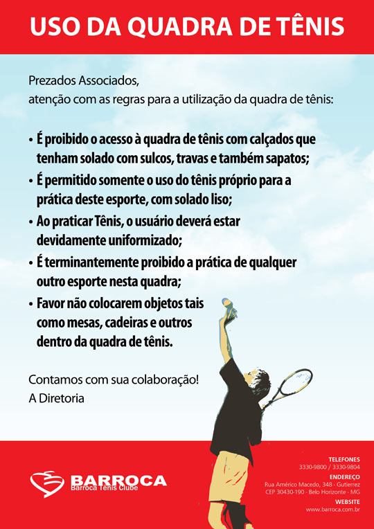 Aviso aos Sócios - Uso da Quadra de Tênis - Barroca Tênis Clube